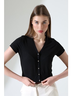 Vasi Kadın Yazlık Ajurlu Kısa Kollu Şık Düğmeli (Over Waist) Kısa Hırka - Siyah