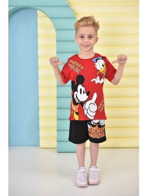 Pjkskt Mickey Mause Desenli Bordo Şortlu Erkek Çocuk Kısa Kol Takım 7657-BO