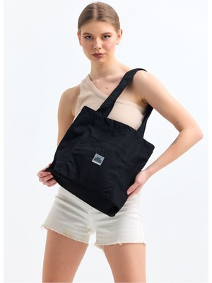 Siyah H0004 3 Bölmeli Çıtçıtlı Kanvas Kumaş Günlük Spor Kadın Kol Ve Omuz Çantası U:35 E:35