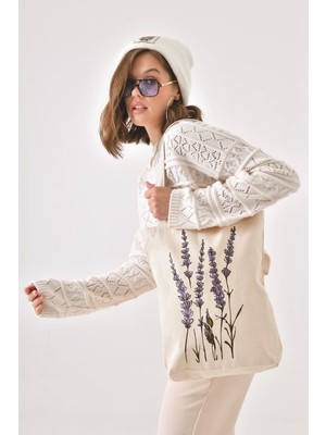 Teknotrust Kanvas Yeşil Dallı Mavi Çiçekler Baskılı Bez Çanta