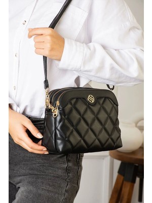 Kadın Siyah 4 Bölmeli Ayarlanabilir Çapraz Askılı Kapitone Yumuşak Deri Omuz Çantası