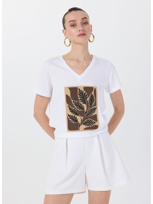 Beyaz Kadın Basic Baskılı T-Shirt F5SL-TST0454