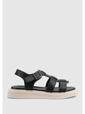 ProvoQ Siyah Deri Kadın Düz Sandalet