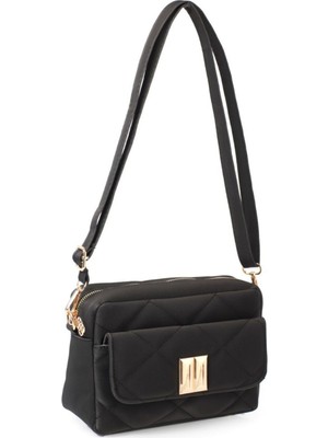 Kadın Siyah Kapitone Siyah Nikel Tokalı Askılı Çanta