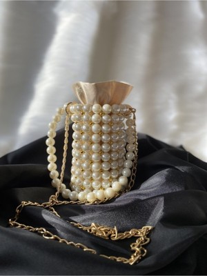 Kadın Beanch Serisi Inci Krem Gold Renk Boncuk Çanta Omuz Çantası