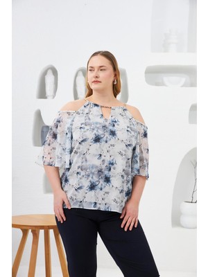 Yaka Zincirli Astarlı Büyük Beden Bluz Ekru