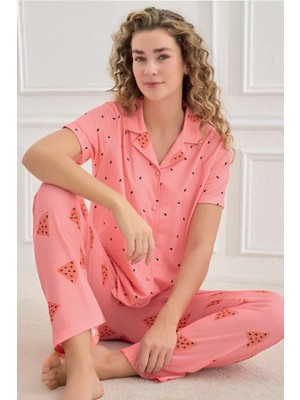Cotonhause Kadın Kısa Kol Önden Düğmeli Karpuz Desen Pembe Pijama Takımı 70110-857