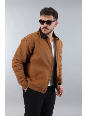 Erkek Regular Fit Yaka Garni Fermuarlı Taba Kot Ceket