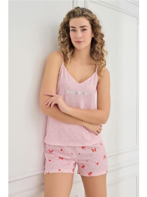 Kadın Ince Askı Şortlu Pembe Kiraz Desen Pijama Takımı 70107-924