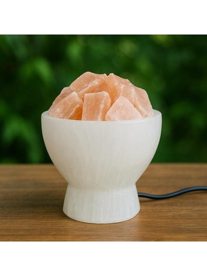 Selenit Taşı Lamba – Işık Kasesi – Turuncu Küp Taşlı – 18  cm