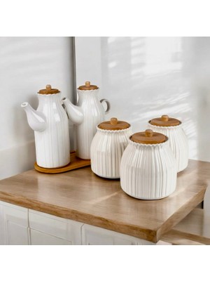 Kitchen Pembelia Papatya Porselen 6 Parça Yağdanlık ve Kavanoz Seti Bambu Standlı Modern Mutfak Aksesuarı