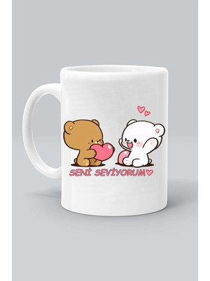 Sevimli Ayılar Seni Seviyorum Kalp Balonları Baskılı Beyaz Kupa Bardak