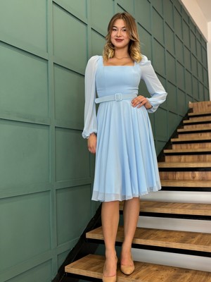 Dans Kolları Tül Detaylı Kare Yaka ,kemerli Şifon Elbise