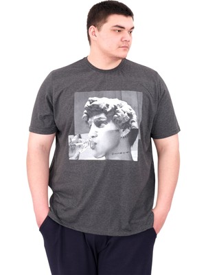 Mode Xl Büyük Beden Erkek T-Shirt Bisiklet Yaka Statue U25027 Antrasit
