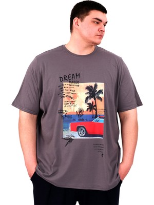 Mode Xl Büyük Beden Erkek Baskılı T-Shirt Palm Dream U25026 Füme
