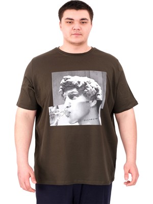 Mode Xl Büyük Beden Erkek T-Shirt Bisiklet Yaka Statue U25027 Haki