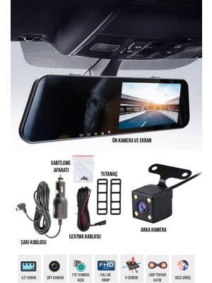 Alfa Gift Araç Kamerası Dikiz Aynası Full HD 1080P Çift Kameralı 170° Geniş Açı Gece Görüşlü Özelliklerle