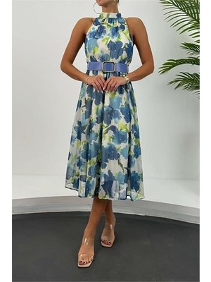 Kemer Detaylı Özel Desenli Midi Boy Şifon Elbise DPMY3432