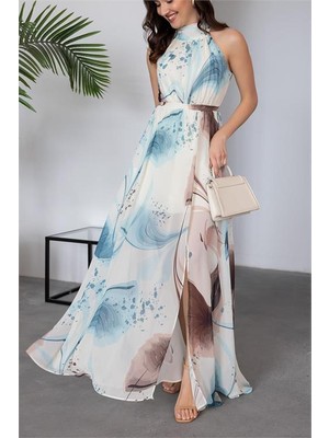 Özel Tasarım Halter Yaka Astarlı Maxi Şifon Elbise DPMY3242