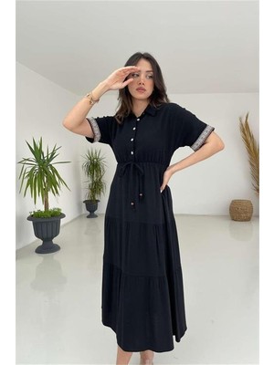 Gömlek Yaka Kol ve Bağcık Detaylı Keten Elbise DPMY3080