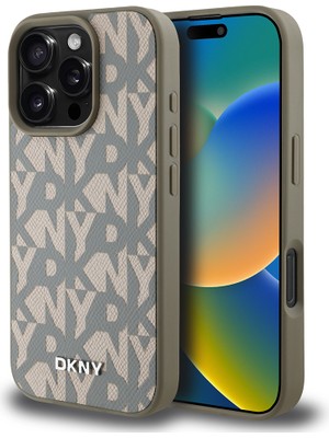 iPhone 16 Pro Max Kılıf Dkny Lisanslı M-Safe Şarj Özellikli 3D Yazılı Grid Pattern Kapak Kahverengi