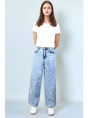 Kız Çocuk Yıldız Desenli %100 Pamuk Yüksek Bel Geniş Paça Kot PANTOLON-PNT-0053
