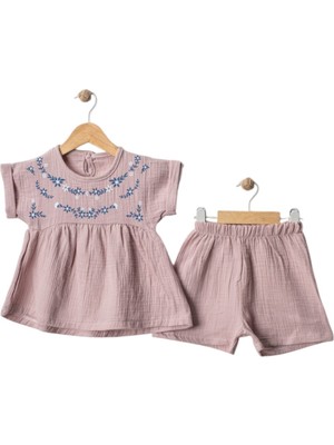 Babexi Kız Çocuk Çiçek Desenli Lila Müslin Tişört Şortlu Ikili Yazlık Alt Üst Takım Kız Çocuk Müslin Takım