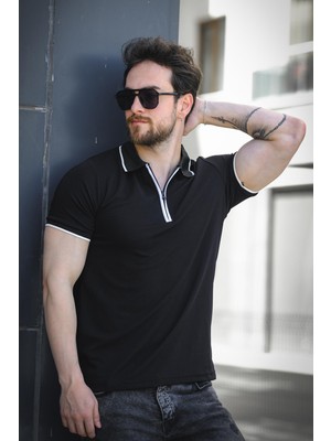 Calep Yakası Şeritli Slim Fit Fermuarlı Polo Yaka Erkek Tshirt