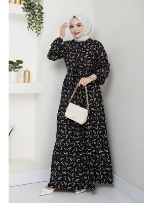 Nevayla Moda Yaprak Desenli Bağlamalı Viskon Elbise - Siyah / E0125