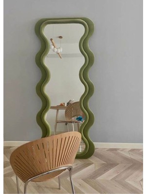 150  cm  Kadife Kumaş Çerçeveli Dekoratif Duvar Boy Aynası - Konsol Üstü Salon Aynası