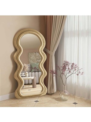190  cm  Kadife Kumaş Çerçeveli Dekoratif Duvar Boy Aynası - Konsol Üstü Salon Aynası