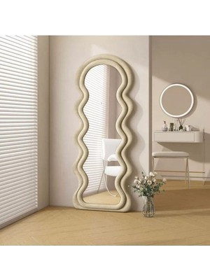 160  cm  Kadife Kumaş Çerçeveli Dekoratif Duvar Boy Aynası - Konsol Üstü Salon Aynası