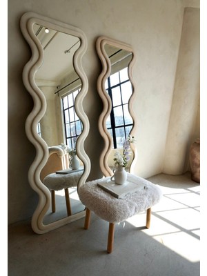 150  cm  Kadife Kumaş Çerçeveli Dekoratif Duvar Boy Aynası - Konsol Üstü Salon Aynası