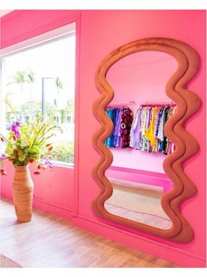 180  cm  Kadife Kumaş Çerçeveli Dekoratif Duvar Boy Aynası - Konsol Üstü Salon Aynası