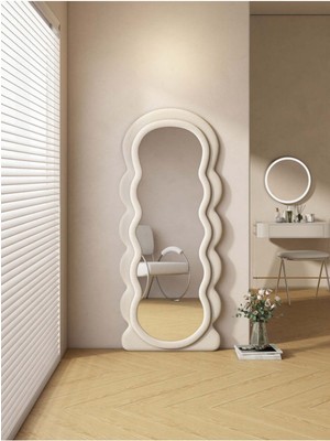 170  cm  Kadife Kumaş Çerçeveli Dekoratif Duvar Boy Aynası - Konsol Üstü Salon Aynası