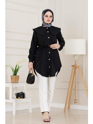 Beli Bağcık Detaylı Geniş Yaka Tunik-Siyah