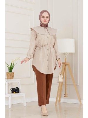 Beli Bağcık Detaylı Geniş Yaka Tunik-Vizon