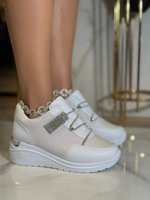 Faora Kristal Taşlı Gizli Topuklu Spor Ayakkabı Beyaz