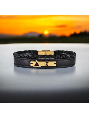 14 Ayar Plakalı Altın Üçgen Detaylı Dikdörtgen Figürlü Erkekler İçin Derili Sembol Bilekliği-390SEMBOL-Siyah