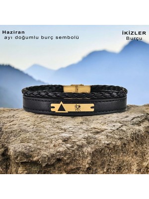 14 Ayar Altın Plakalı Erkeklere Özel Derili Üçgen Detaylı Dikdörtgen Motifli Burç Bilekliği-390BURÇ-Siyah