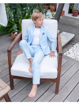 Erkek Çocuk Mavi Takım Elbise Keten Spor Takım Ceket Pantolon Tişort 3-14 Yaş