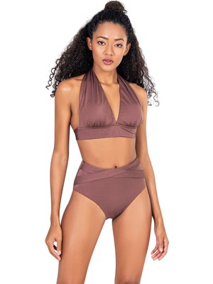 Endeep Kadın Yüksek Bel Gül Kurusu Bikini Takımı