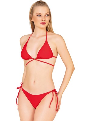 Endeep Beria Kadın Çapraz Bağlama Detaylı Üçgen İpli Kırmızı Bikini Takımı