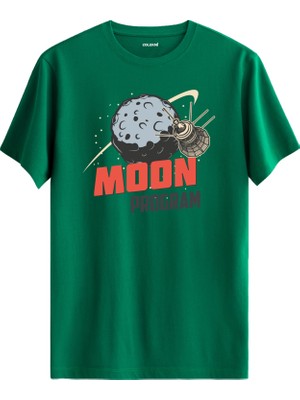 Colermi Ay ve Uzay Aracı Baskılı  Yeşil  Pamuktişört