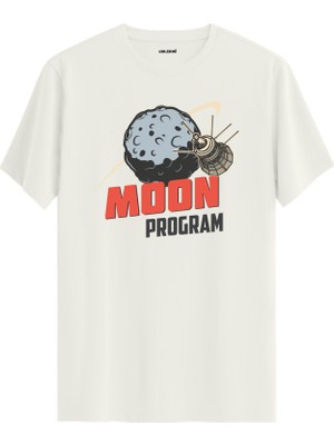Colermi Ay ve Uzay Aracı Baskılı  Ekru  Pamuk Tişört