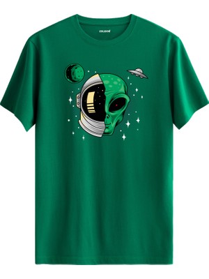 Colermi Uzaylı ve Astronot Kaskı Baskılı  Yeşil  Pamuk Tişört