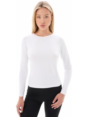 Kadın Beyaz Bisiklet Yaka Uzun Kollu Viskon Basic Body