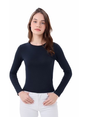 Kadın Lacivert Bisiklet Yaka Uzun Kollu Viskon Basic Body