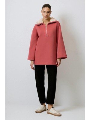 Touche Yakası Kürklü Sweatshirt Rose