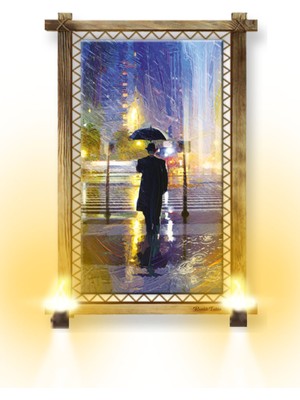 Miyrem Rustik,ledli Kanvas Tablo  Şemsiyeli Adam O